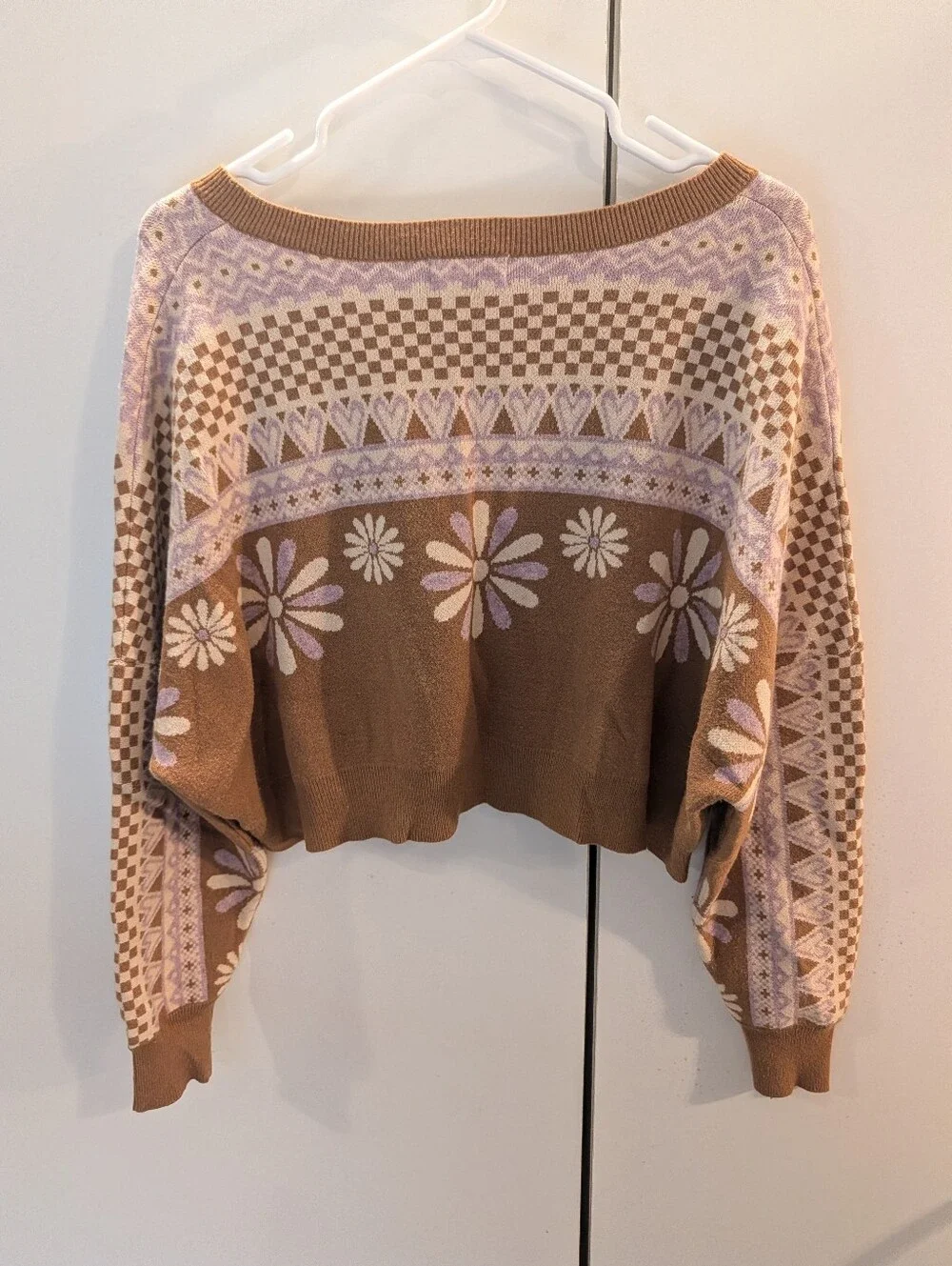Altar'd State Brown Floral V-Neck Cropped Sweater - Brown & Lilac Woman's Medium - Picture 4 of 6